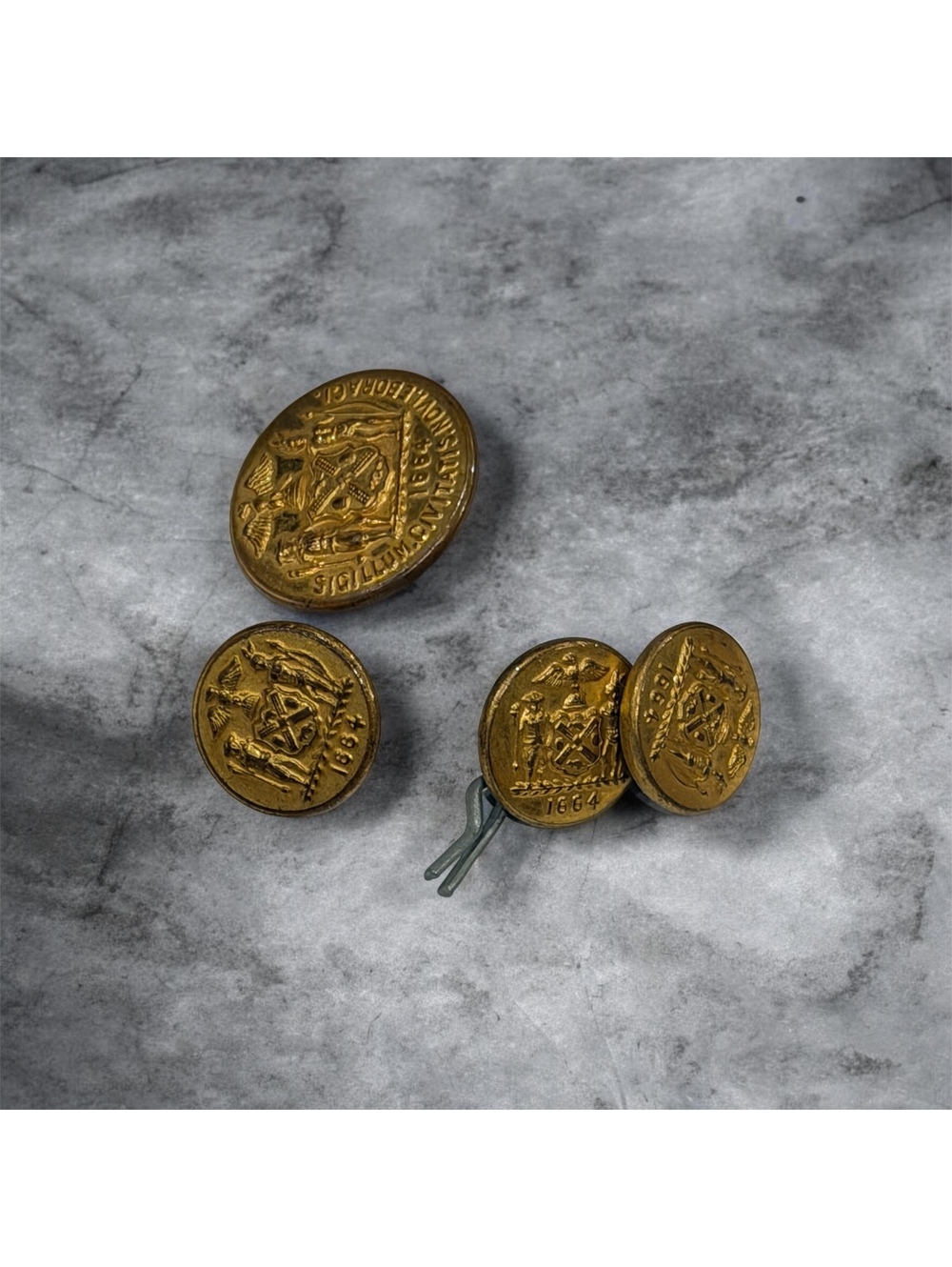 Antique Waterbury Button Co. Brass Coat Buttons Set 1664 Design